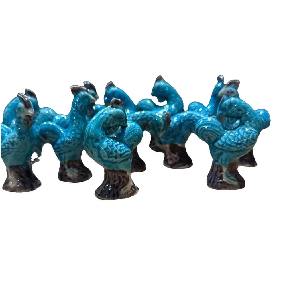 12 Vintage  Chinese Porcelain Blue Turquoise Purple Mud Rooster Figurine Chicken